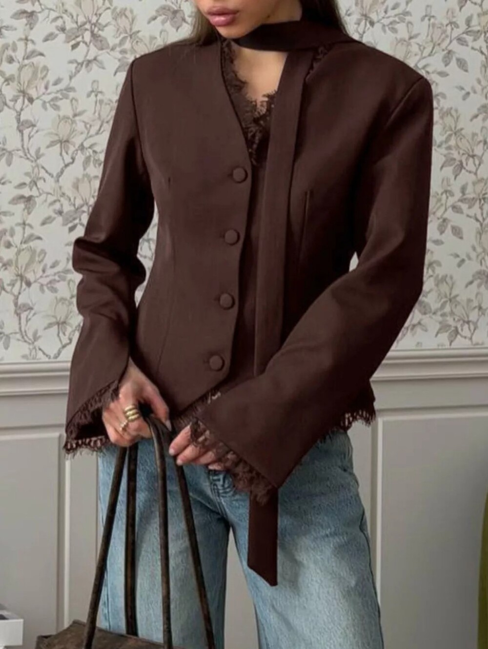 Lace Trim Button Up Blazer